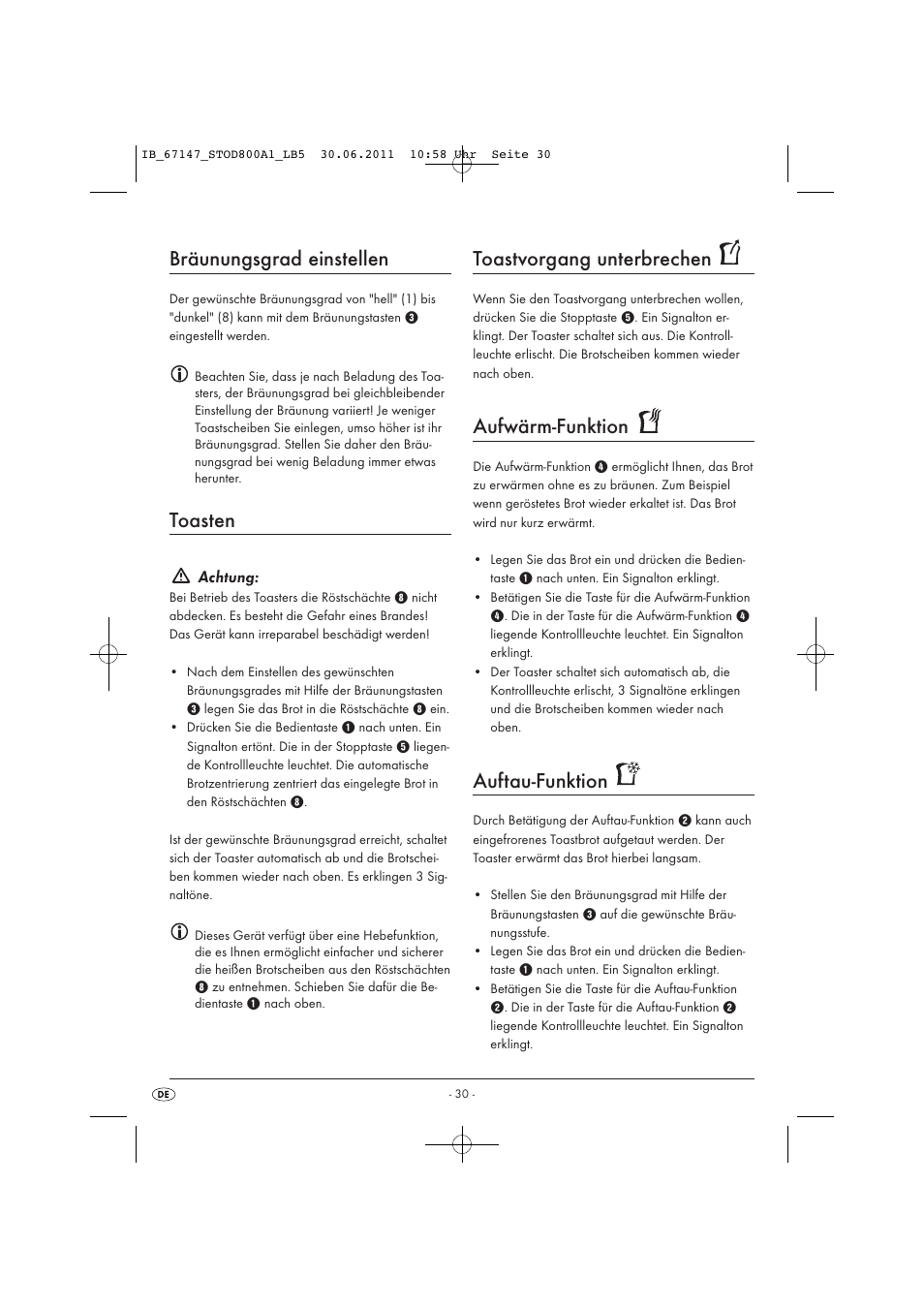 Bräunungsgrad einstellen, Toasten, Toastvorgang unterbrechen | Aufwärm-funktion, Auftau-funktion | Silvercrest STOD 800 A1 User Manual | Page 32 / 35