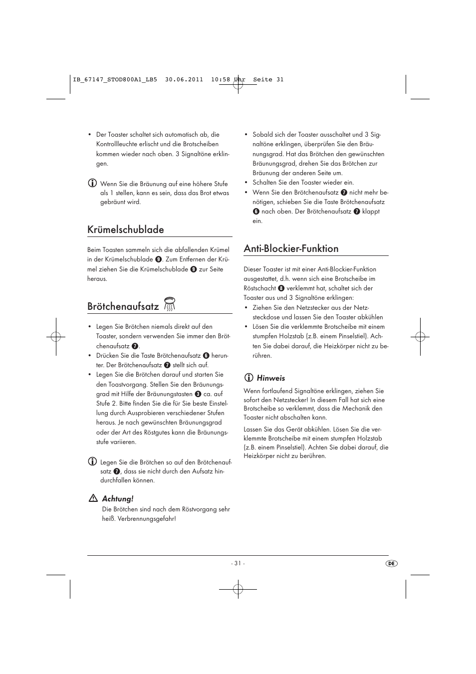 Krümelschublade, Brötchenaufsatz, Anti-blockier-funktion | Achtung, Hinweis | Silvercrest STOD 800 A1 User Manual | Page 33 / 35