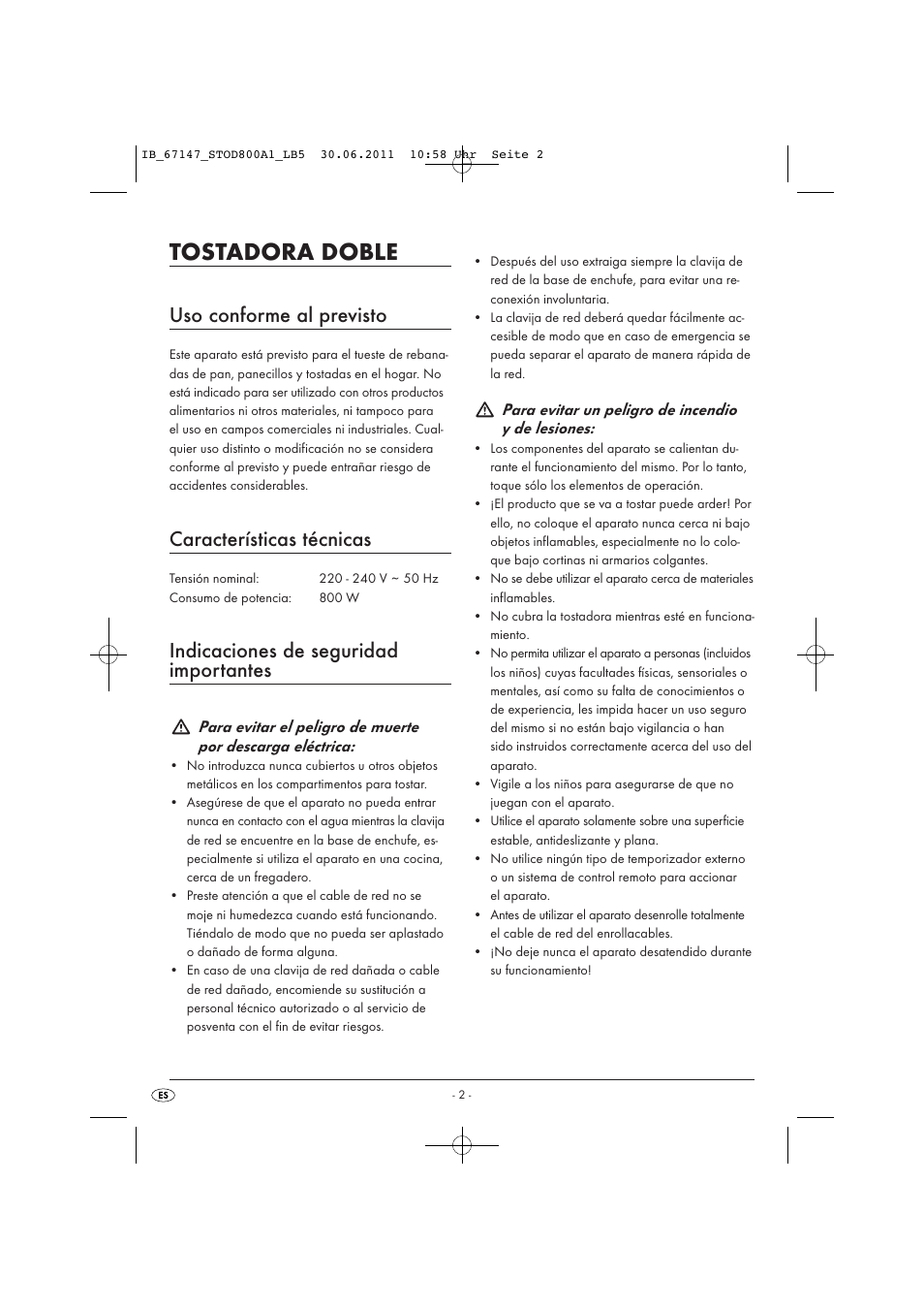 Tostadora doble, Uso conforme al previsto, Características técnicas | Indicaciones de seguridad importantes, Para evitar un peligro de incendio y de lesiones | Silvercrest STOD 800 A1 User Manual | Page 4 / 35