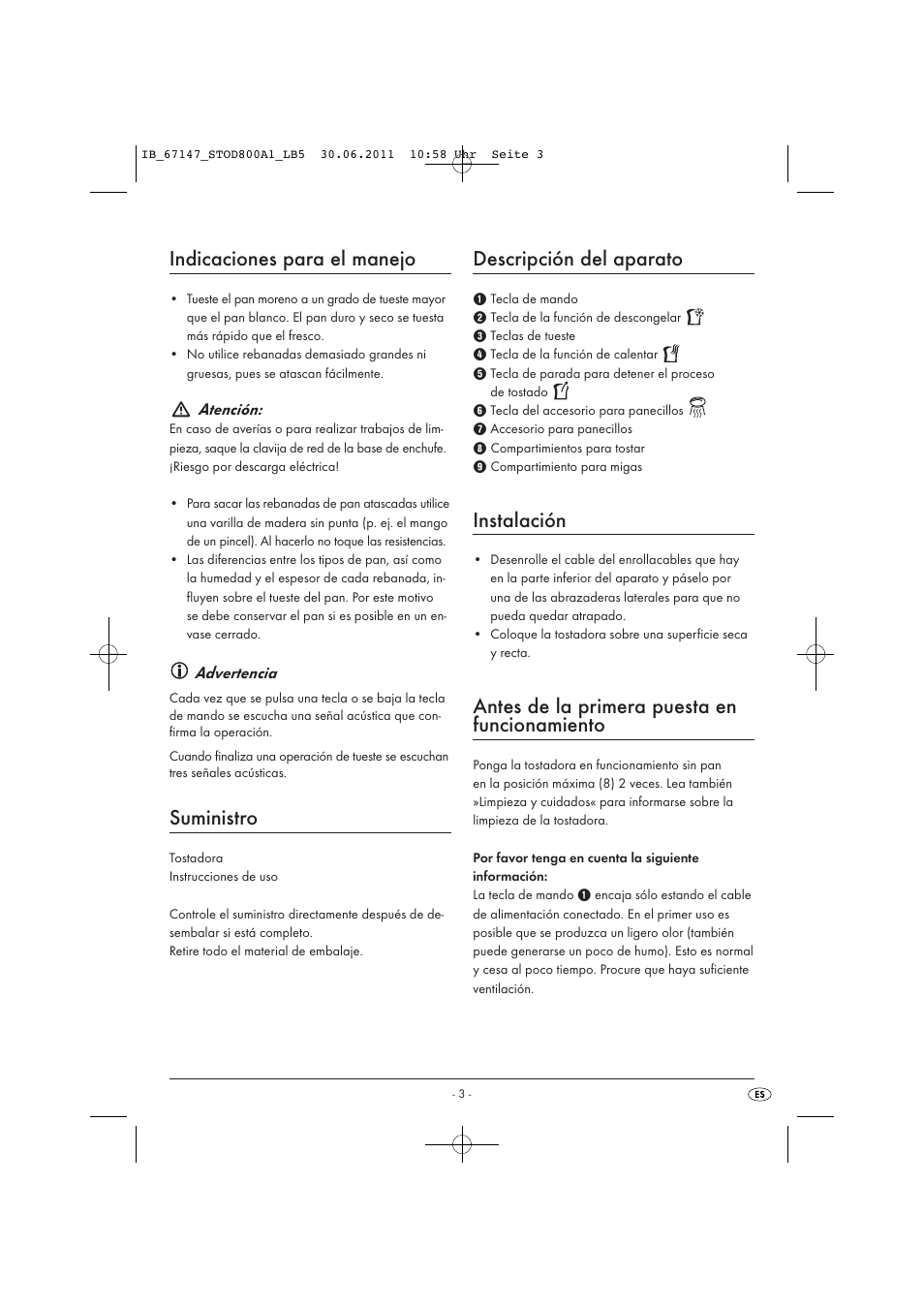 Indicaciones para el manejo, Suministro, Descripción del aparato | Instalación, Antes de la primera puesta en funcionamiento | Silvercrest STOD 800 A1 User Manual | Page 5 / 35