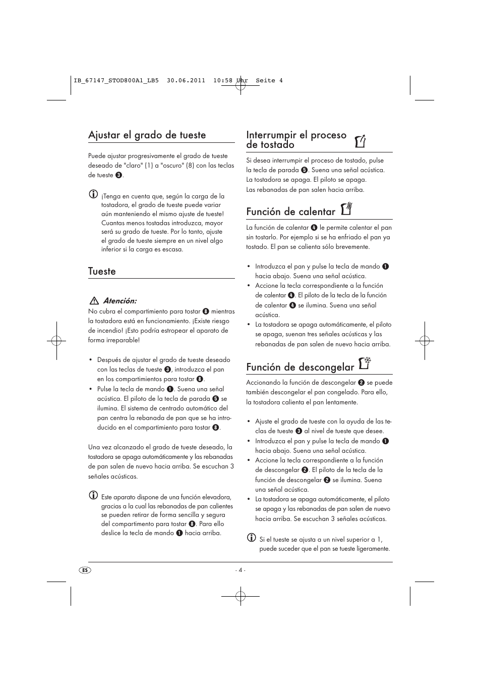 Ajustar el grado de tueste, Tueste, Interrumpir el proceso de tostado | Función de calentar, Función de descongelar | Silvercrest STOD 800 A1 User Manual | Page 6 / 35