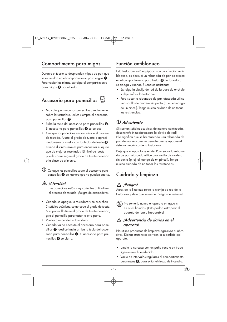 Compartimento para migas, Accesorio para panecillos, Función antibloqueo | Cuidado y limpieza | Silvercrest STOD 800 A1 User Manual | Page 7 / 35