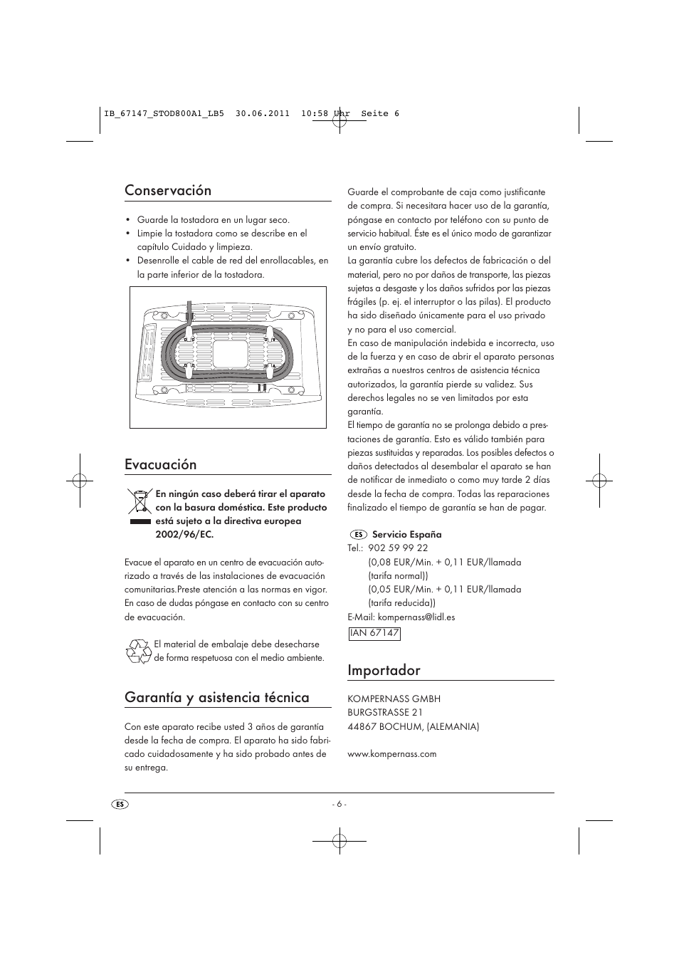 Conservación, Evacuación, Garantía y asistencia técnica | Importador | Silvercrest STOD 800 A1 User Manual | Page 8 / 35