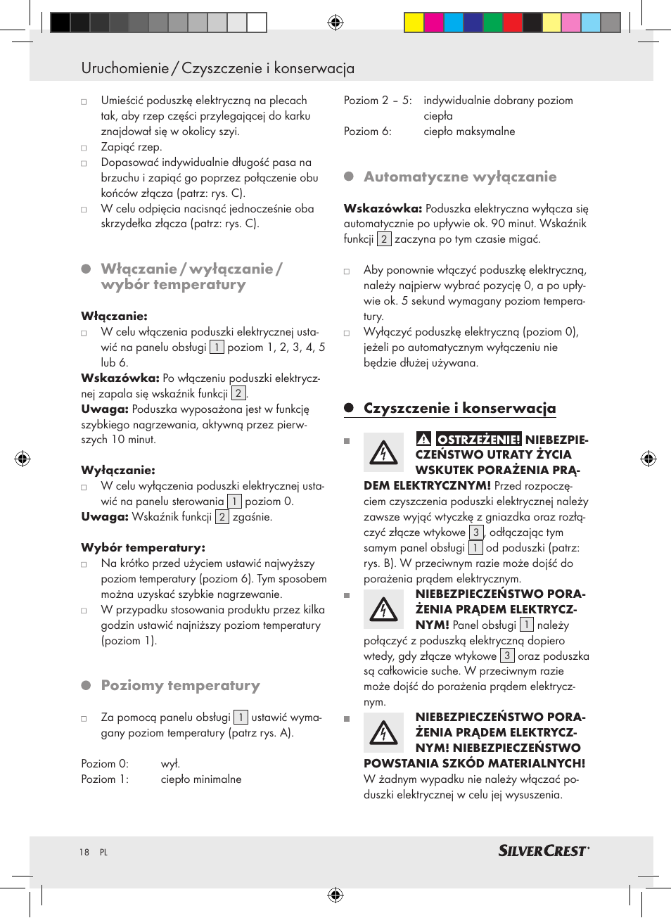 Uruchomienie / czyszczenie i konserwacja, Włączanie / wyłączanie / wybór temperatury, Poziomy temperatury | Automatyczne wyłączanie, Czyszczenie i konserwacja | Silvercrest SRNH 100 A2 User Manual | Page 18 / 57