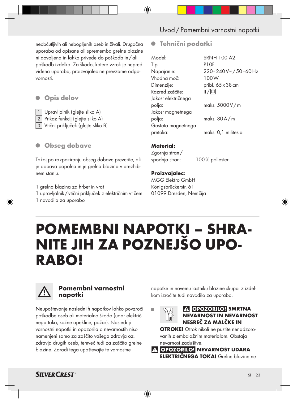 Uvod / pomembni varnostni napotki | Silvercrest SRNH 100 A2 User Manual | Page 23 / 57