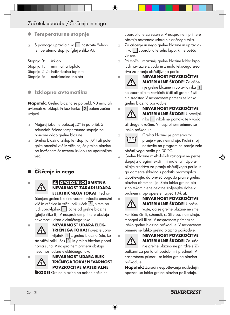 Začetek uporabe / čiščenje in nega, Temperaturne stopnje, Izklopna avtomatika | Čiščenje in nega | Silvercrest SRNH 100 A2 User Manual | Page 26 / 57