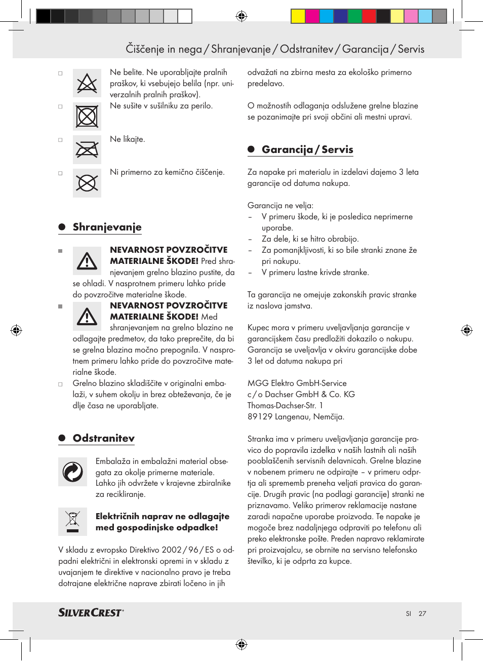 Shranjevanje, Odstranitev, Garancija / servis | Silvercrest SRNH 100 A2 User Manual | Page 27 / 57