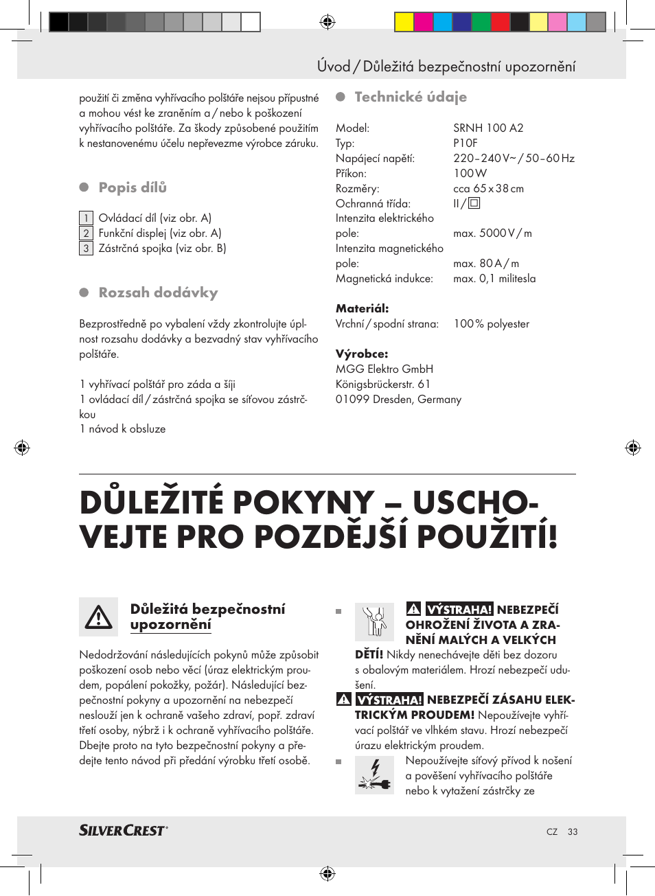 Úvod / důležitá bezpečnostní upozornění | Silvercrest SRNH 100 A2 User Manual | Page 33 / 57