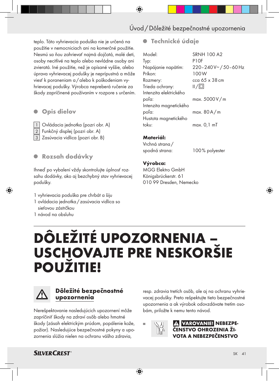 Úvod / dôležité bezpečnostné upozornenia | Silvercrest SRNH 100 A2 User Manual | Page 41 / 57