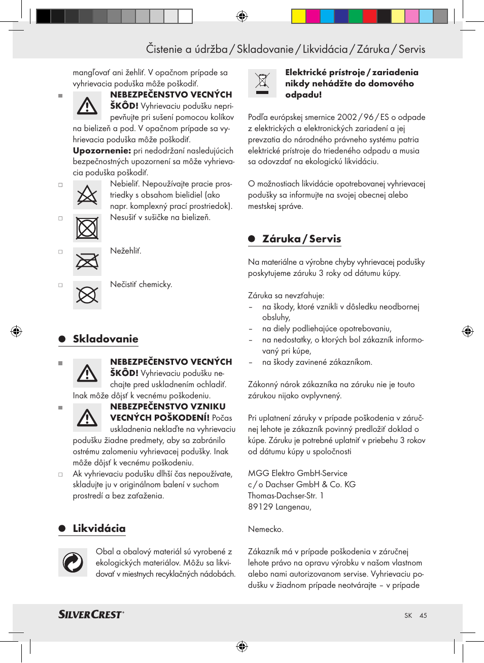 Skladovanie, Likvidácia, Záruka / servis | Silvercrest SRNH 100 A2 User Manual | Page 45 / 57