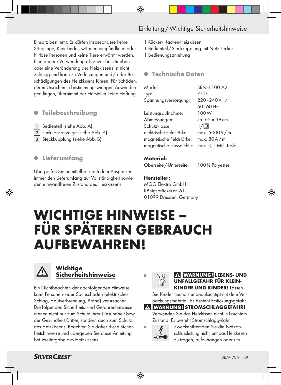 Einleitung / wichtige sicherheitshinweise | Silvercrest SRNH 100 A2 User Manual | Page 49 / 57