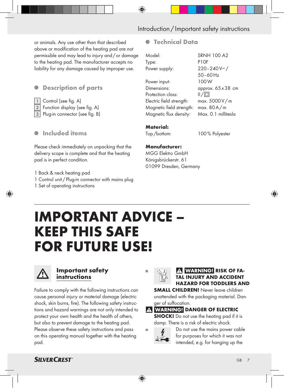 Important advice – keep this safe for future use, Introduction / important safety instructions | Silvercrest SRNH 100 A2 User Manual | Page 7 / 57