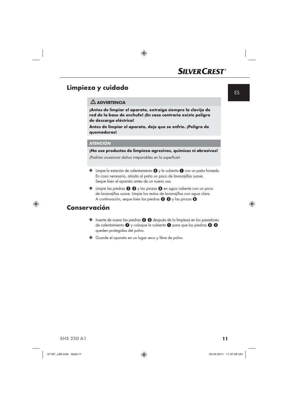 Limpieza y cuidado, Conservación | Silvercrest SHS 220 A1 User Manual | Page 13 / 72