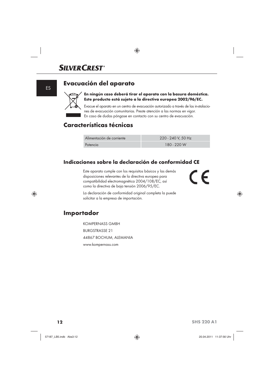 Evacuación del aparato, Características técnicas, Importador | Silvercrest SHS 220 A1 User Manual | Page 14 / 72