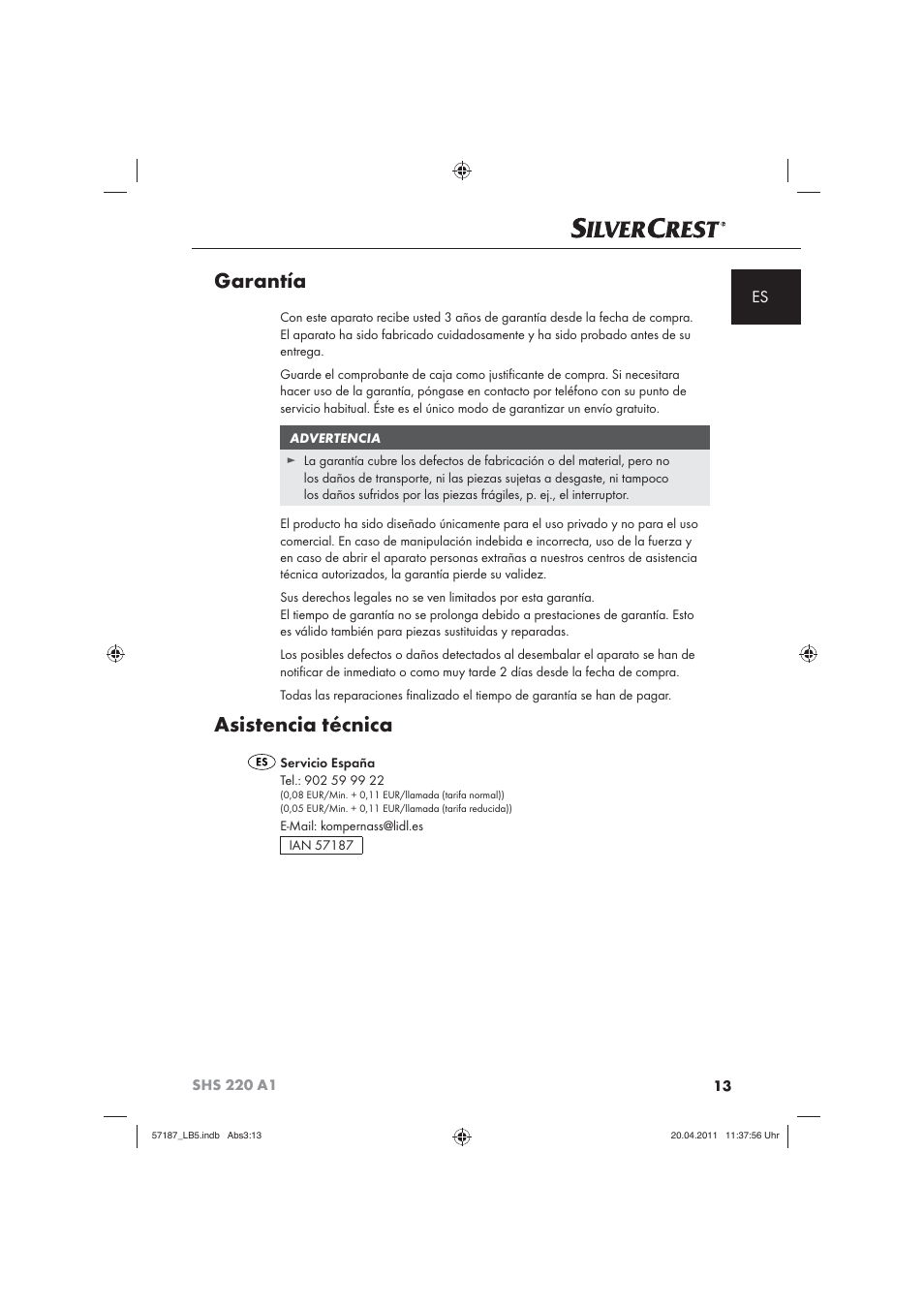 Garantía, Asistencia técnica | Silvercrest SHS 220 A1 User Manual | Page 15 / 72