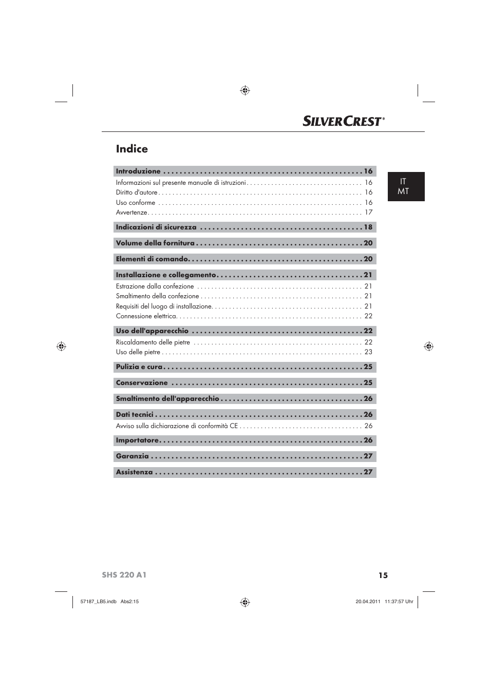 Indice, It mt | Silvercrest SHS 220 A1 User Manual | Page 17 / 72
