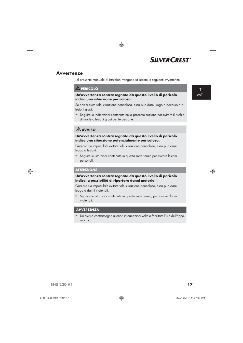 Avvertenze, It mt | Silvercrest SHS 220 A1 User Manual | Page 19 / 72