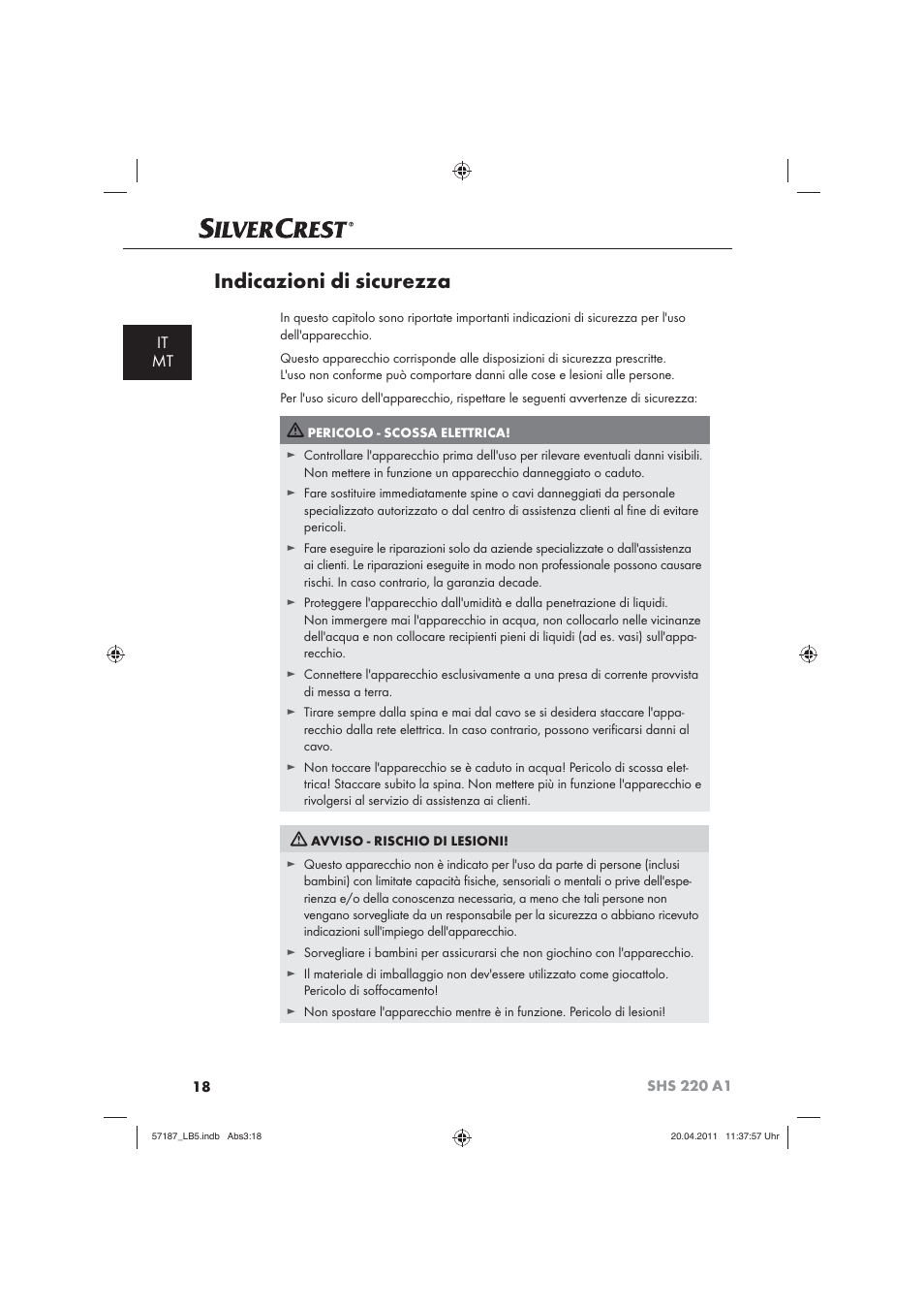 Indicazioni di sicurezza, It mt | Silvercrest SHS 220 A1 User Manual | Page 20 / 72