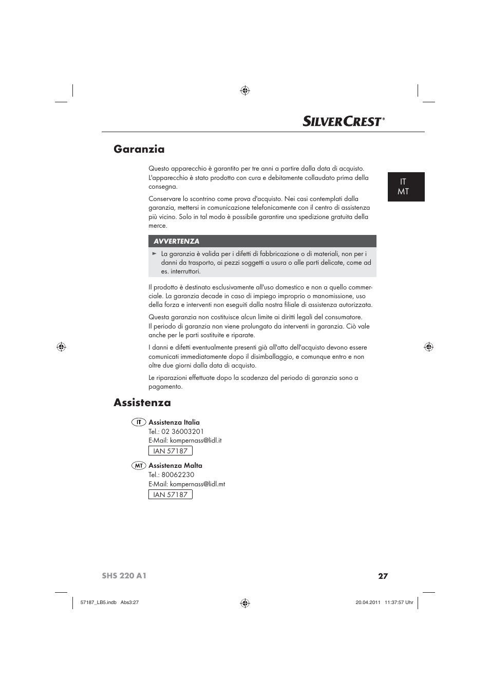 Garanzia, Assistenza, It mt | Silvercrest SHS 220 A1 User Manual | Page 29 / 72