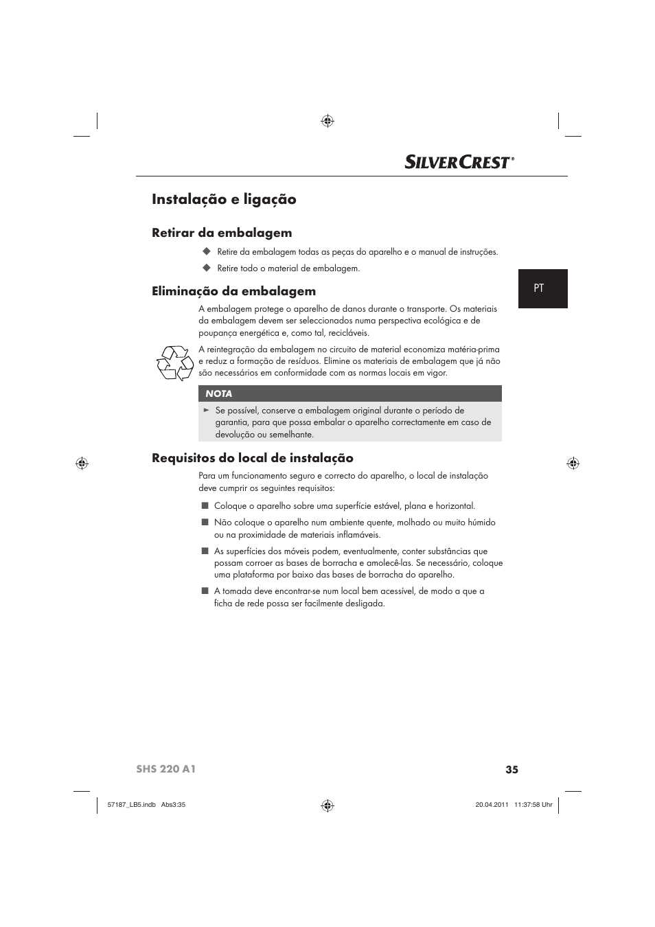 Instalação e ligação, Retirar da embalagem, Eliminação da embalagem | Requisitos do local de instalação | Silvercrest SHS 220 A1 User Manual | Page 37 / 72