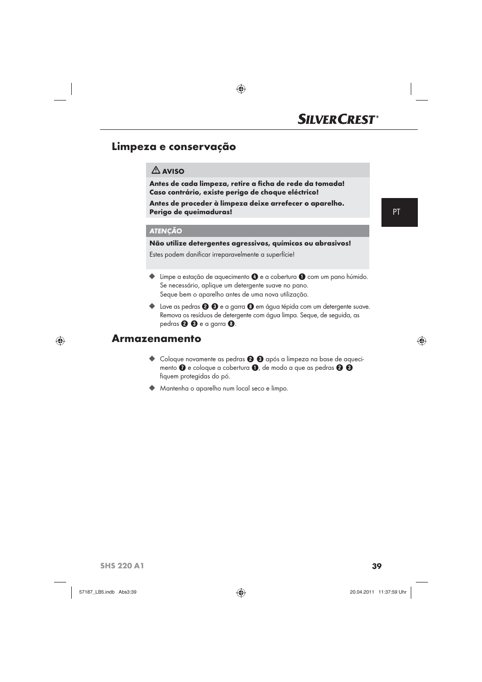 Limpeza e conservação, Armazenamento | Silvercrest SHS 220 A1 User Manual | Page 41 / 72