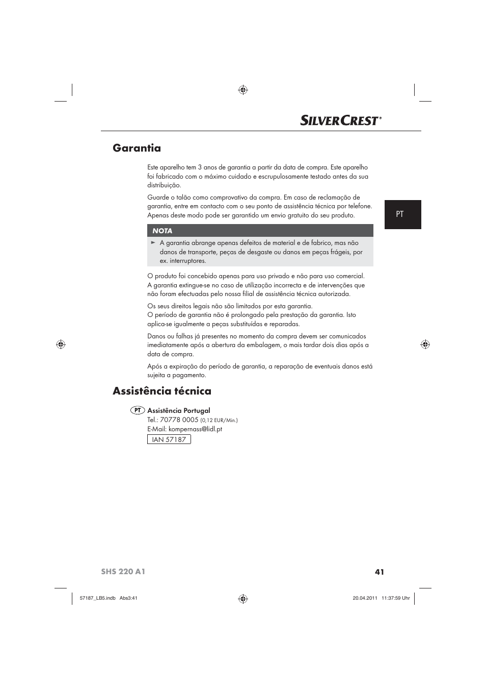 Garantia, Assistência técnica | Silvercrest SHS 220 A1 User Manual | Page 43 / 72