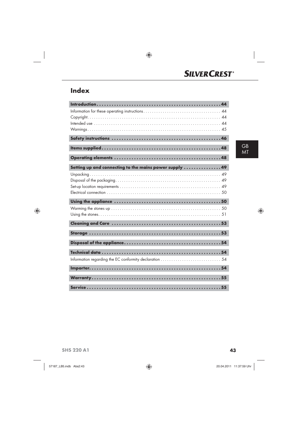 Index, Gb mt | Silvercrest SHS 220 A1 User Manual | Page 45 / 72