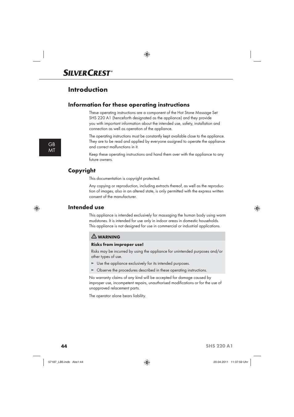Introduction, Information for these operating instructions, Copyright | Intended use, Gb mt | Silvercrest SHS 220 A1 User Manual | Page 46 / 72