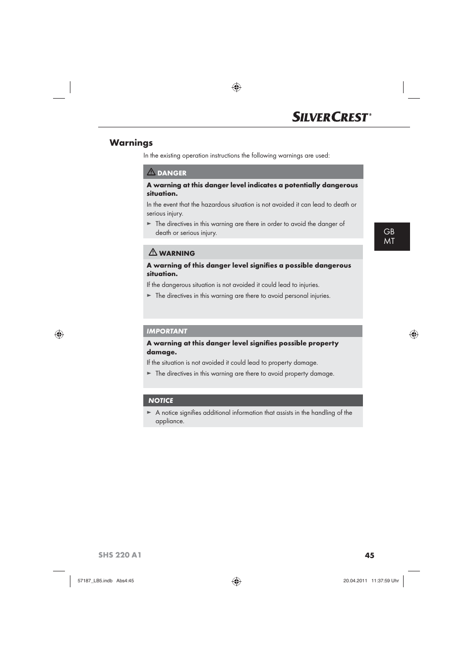 Warnings, Gb mt | Silvercrest SHS 220 A1 User Manual | Page 47 / 72