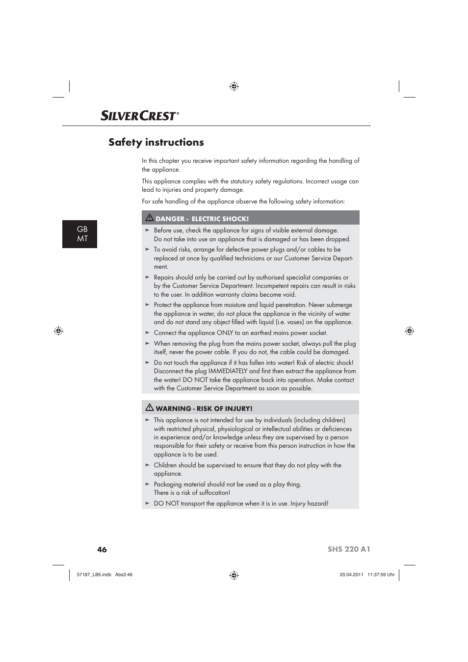 Safety instructions, Gb mt | Silvercrest SHS 220 A1 User Manual | Page 48 / 72