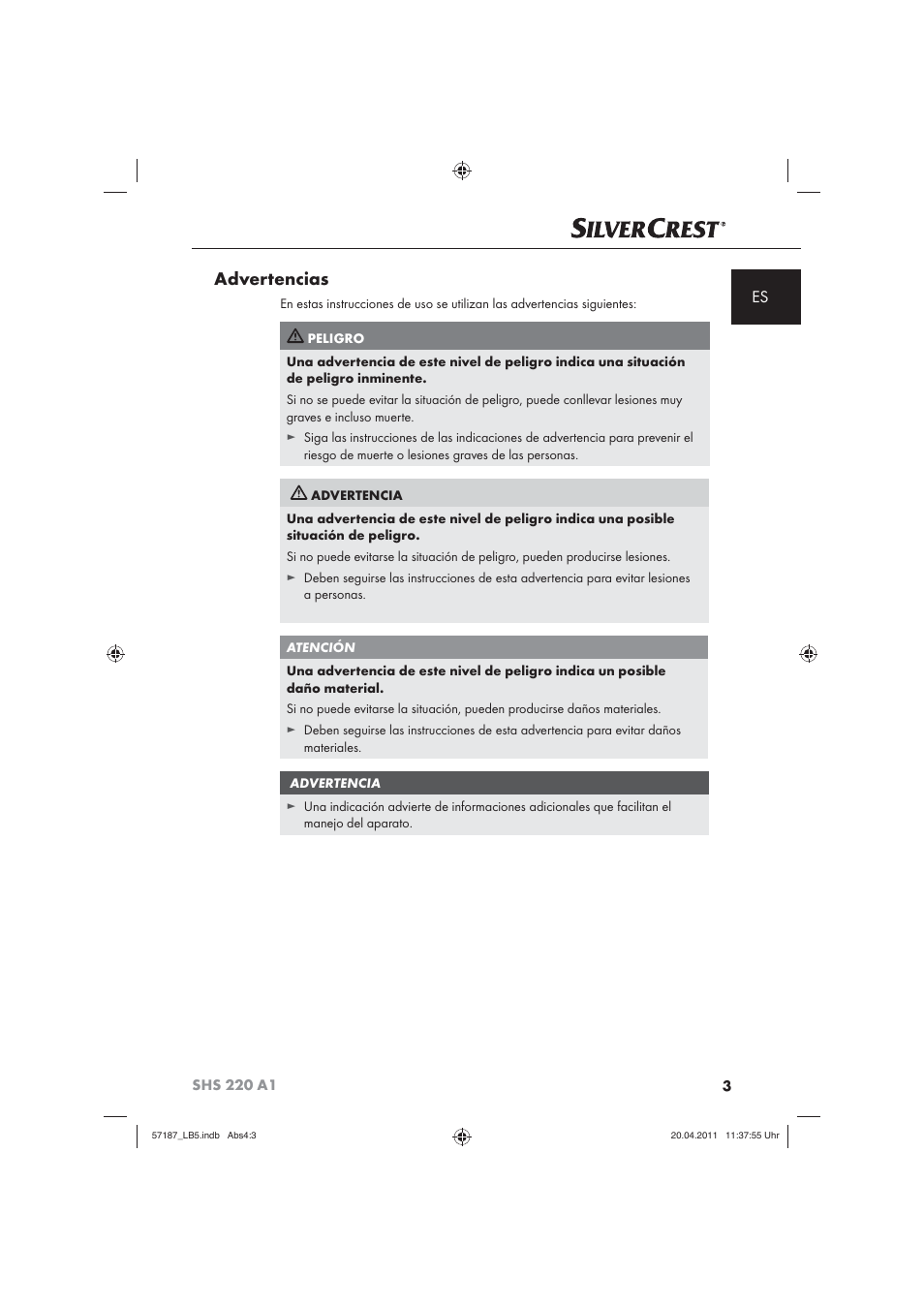 Advertencias | Silvercrest SHS 220 A1 User Manual | Page 5 / 72