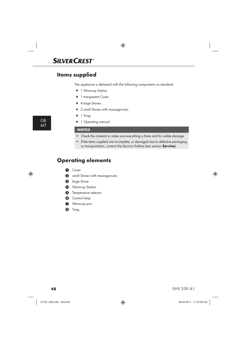 Items supplied, Operating elements, Gb mt | Silvercrest SHS 220 A1 User Manual | Page 50 / 72