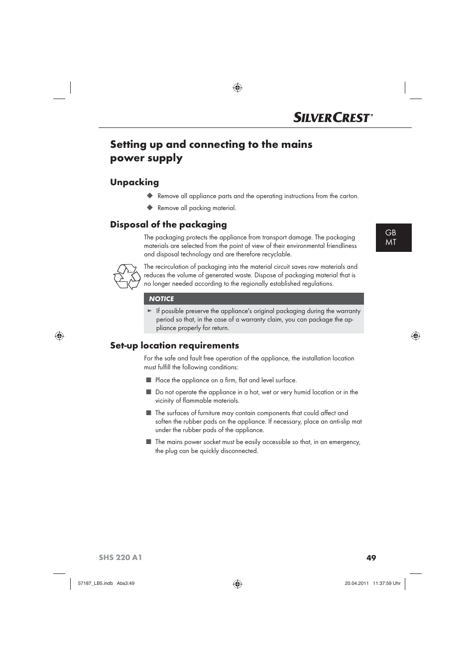 Unpacking, Disposal of the packaging, Set-up location requirements | Gb mt | Silvercrest SHS 220 A1 User Manual | Page 51 / 72