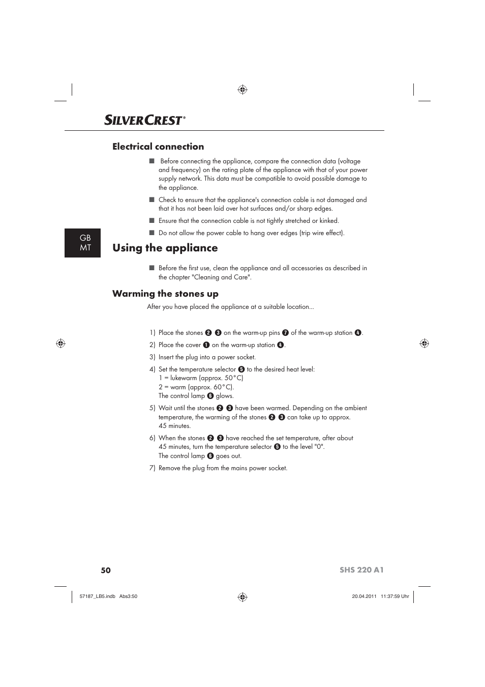 Using the appliance, Electrical connection, Warming the stones up | Gb mt | Silvercrest SHS 220 A1 User Manual | Page 52 / 72