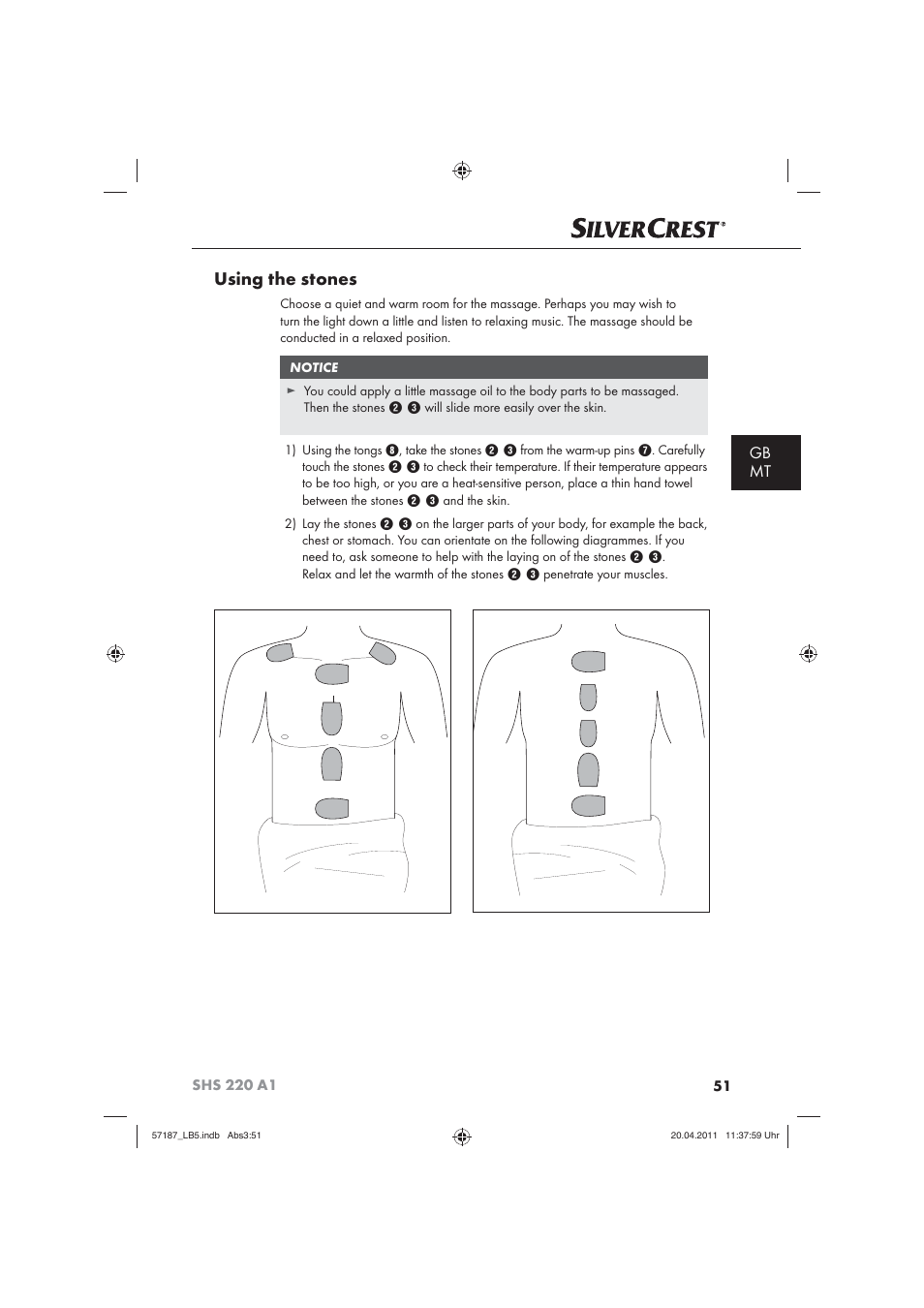 Using the stones, Gb mt | Silvercrest SHS 220 A1 User Manual | Page 53 / 72