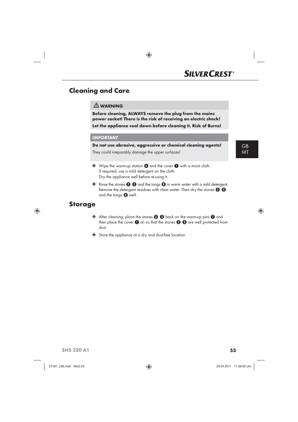 Cleaning and care, Storage, Gb mt | Silvercrest SHS 220 A1 User Manual | Page 55 / 72