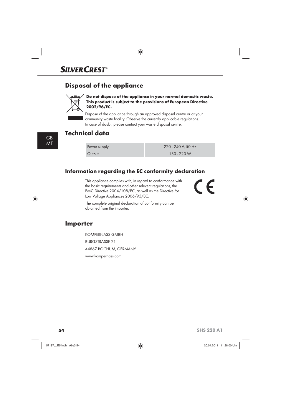 Disposal of the appliance, Technical data, Importer | Gb mt | Silvercrest SHS 220 A1 User Manual | Page 56 / 72