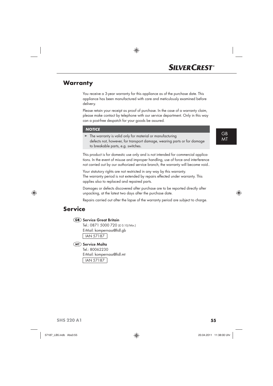 Warranty, Service, Gb mt | Silvercrest SHS 220 A1 User Manual | Page 57 / 72