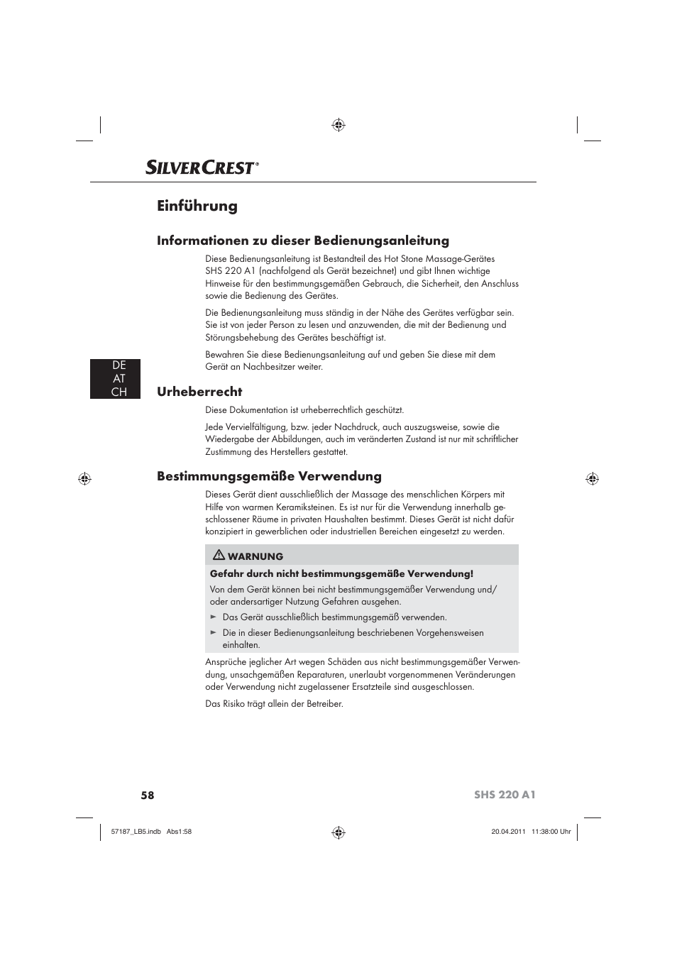 Einführung, Informationen zu dieser bedienungsanleitung, Urheberrecht | Bestimmungsgemäße verwendung, De at ch | Silvercrest SHS 220 A1 User Manual | Page 60 / 72