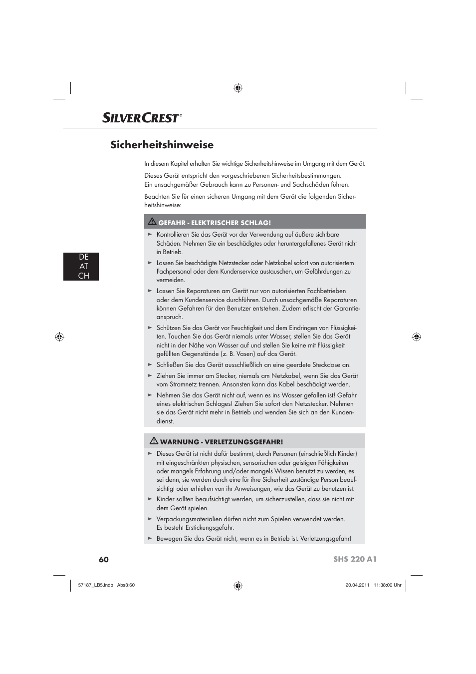 Sicherheitshinweise, De at ch | Silvercrest SHS 220 A1 User Manual | Page 62 / 72