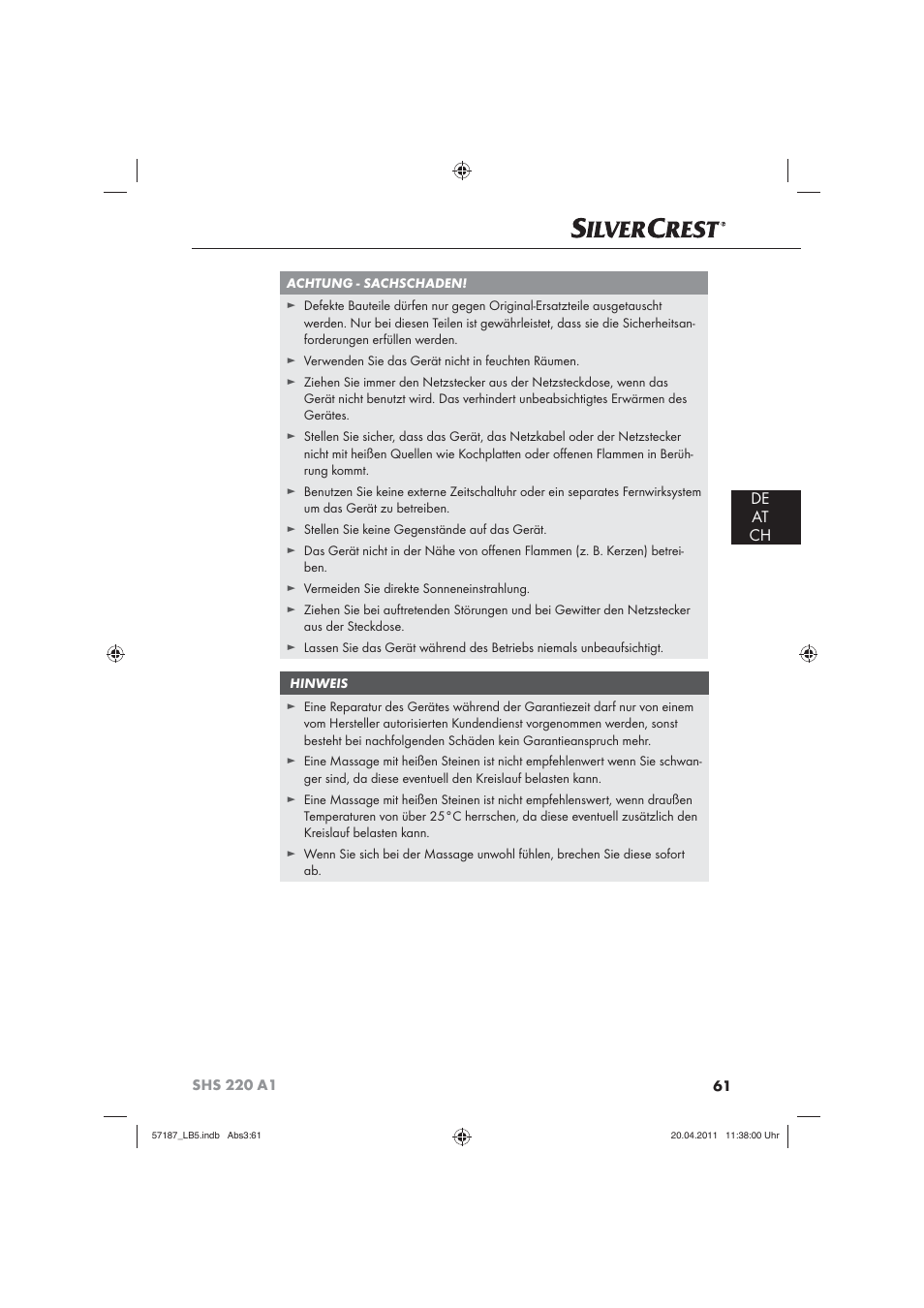 De at ch | Silvercrest SHS 220 A1 User Manual | Page 63 / 72