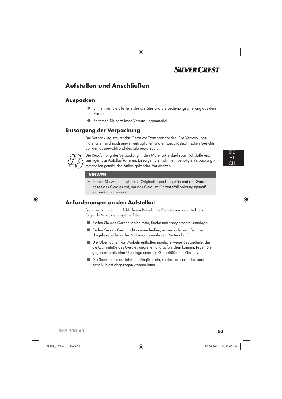 Aufstellen und anschließen, Auspacken, Entsorgung der verpackung | Anforderungen an den aufstellort, De at ch | Silvercrest SHS 220 A1 User Manual | Page 65 / 72