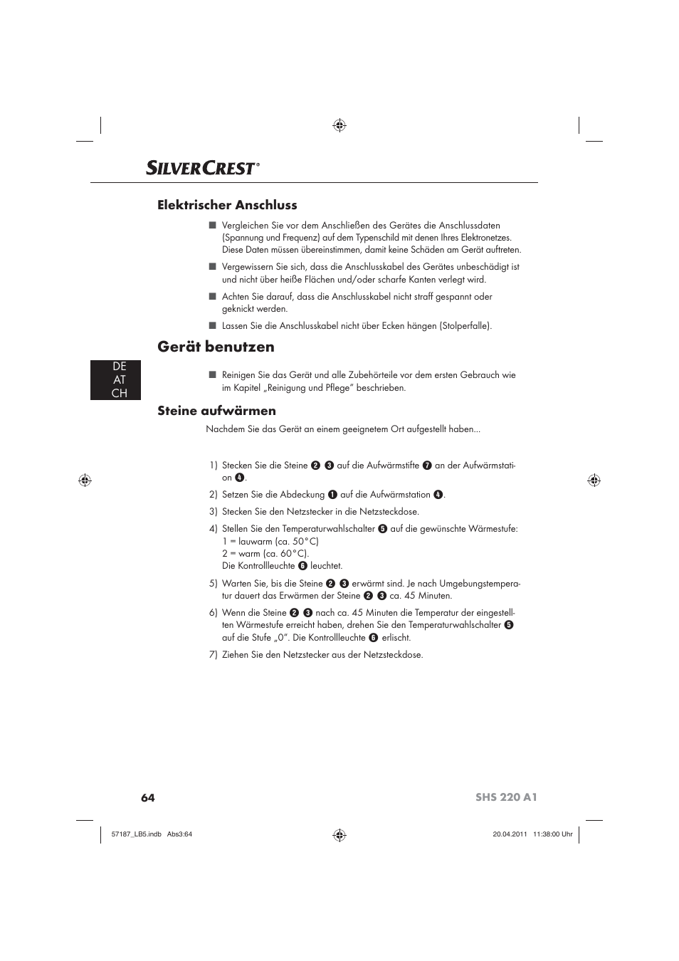 Gerät benutzen, Elektrischer anschluss, Steine aufwärmen | De at ch | Silvercrest SHS 220 A1 User Manual | Page 66 / 72