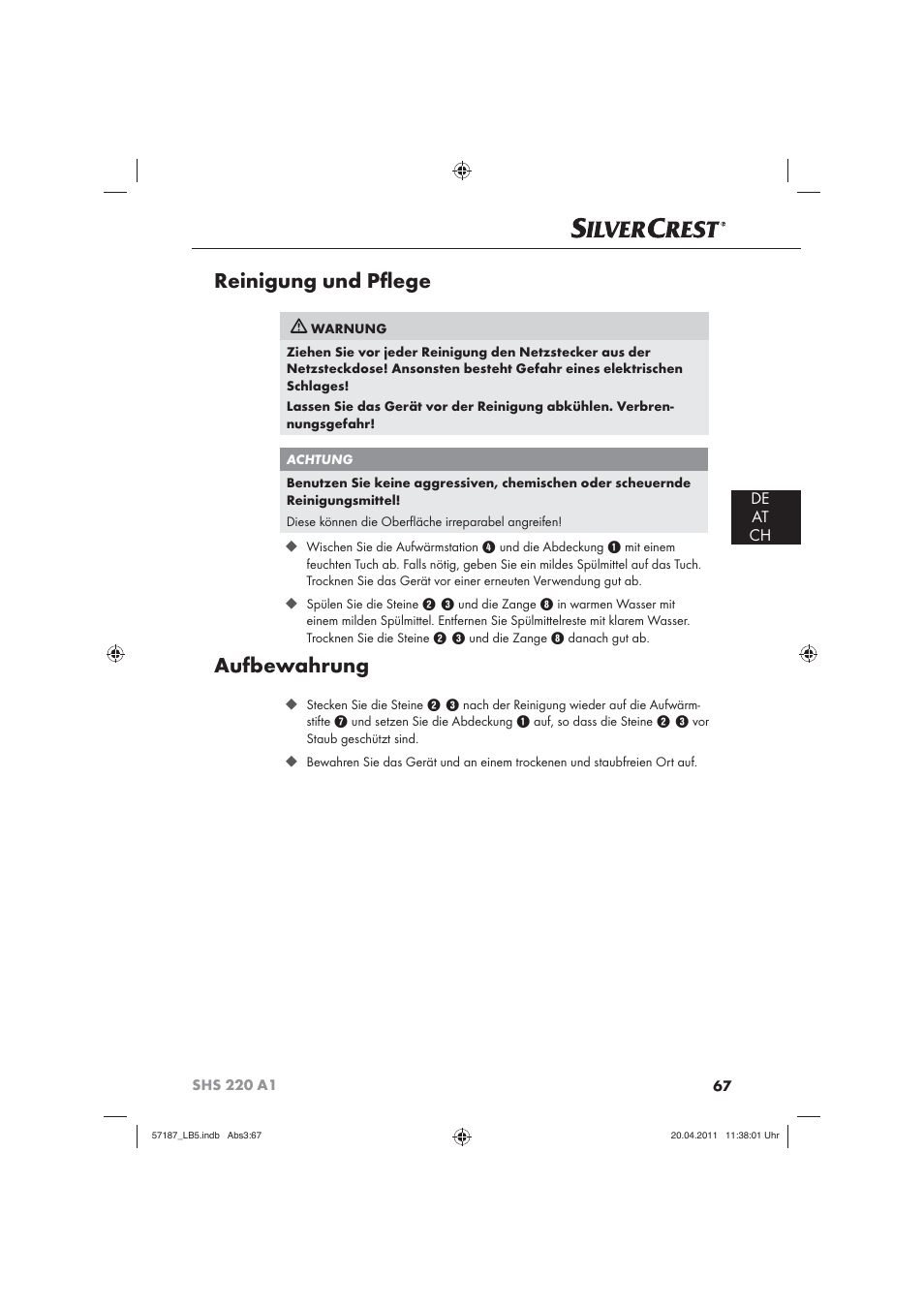 Reinigung und pﬂ ege, Aufbewahrung, De at ch | Silvercrest SHS 220 A1 User Manual | Page 69 / 72