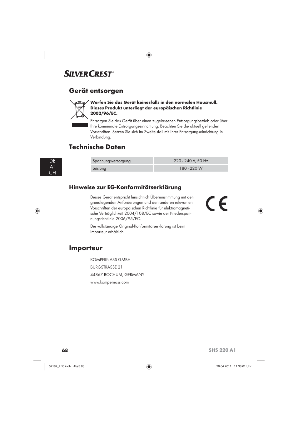 Gerät entsorgen, Technische daten, Importeur | Hinweise zur eg-konformitätserklärung, De at ch | Silvercrest SHS 220 A1 User Manual | Page 70 / 72