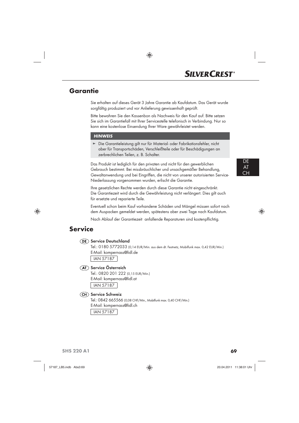 Garantie, Service, De at ch | Silvercrest SHS 220 A1 User Manual | Page 71 / 72