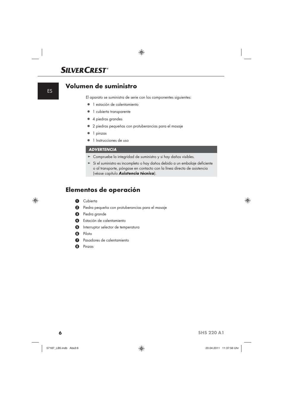 Volumen de suministro, Elementos de operación | Silvercrest SHS 220 A1 User Manual | Page 8 / 72