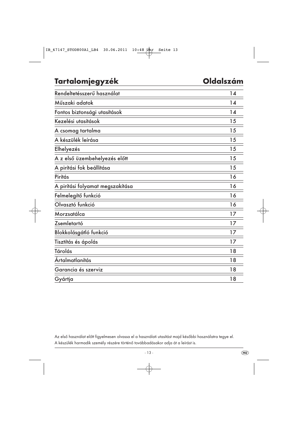 Tartalomjegyzék oldalszám | Silvercrest STOD 800 A1 User Manual | Page 15 / 45