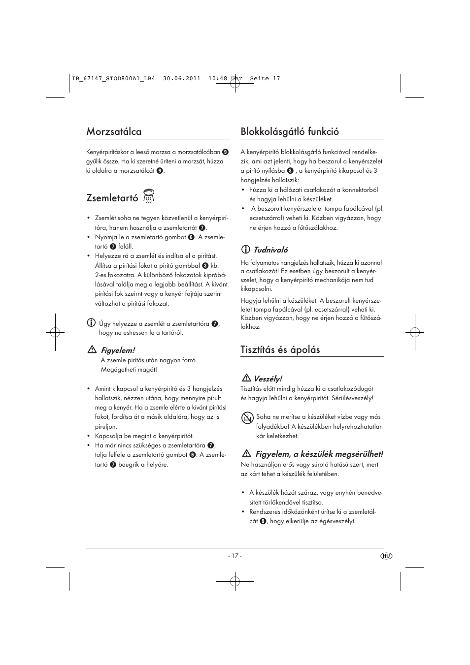 Morzsatálca, Zsemletartó, Blokkolásgátló funkció | Tisztítás és ápolás | Silvercrest STOD 800 A1 User Manual | Page 19 / 45