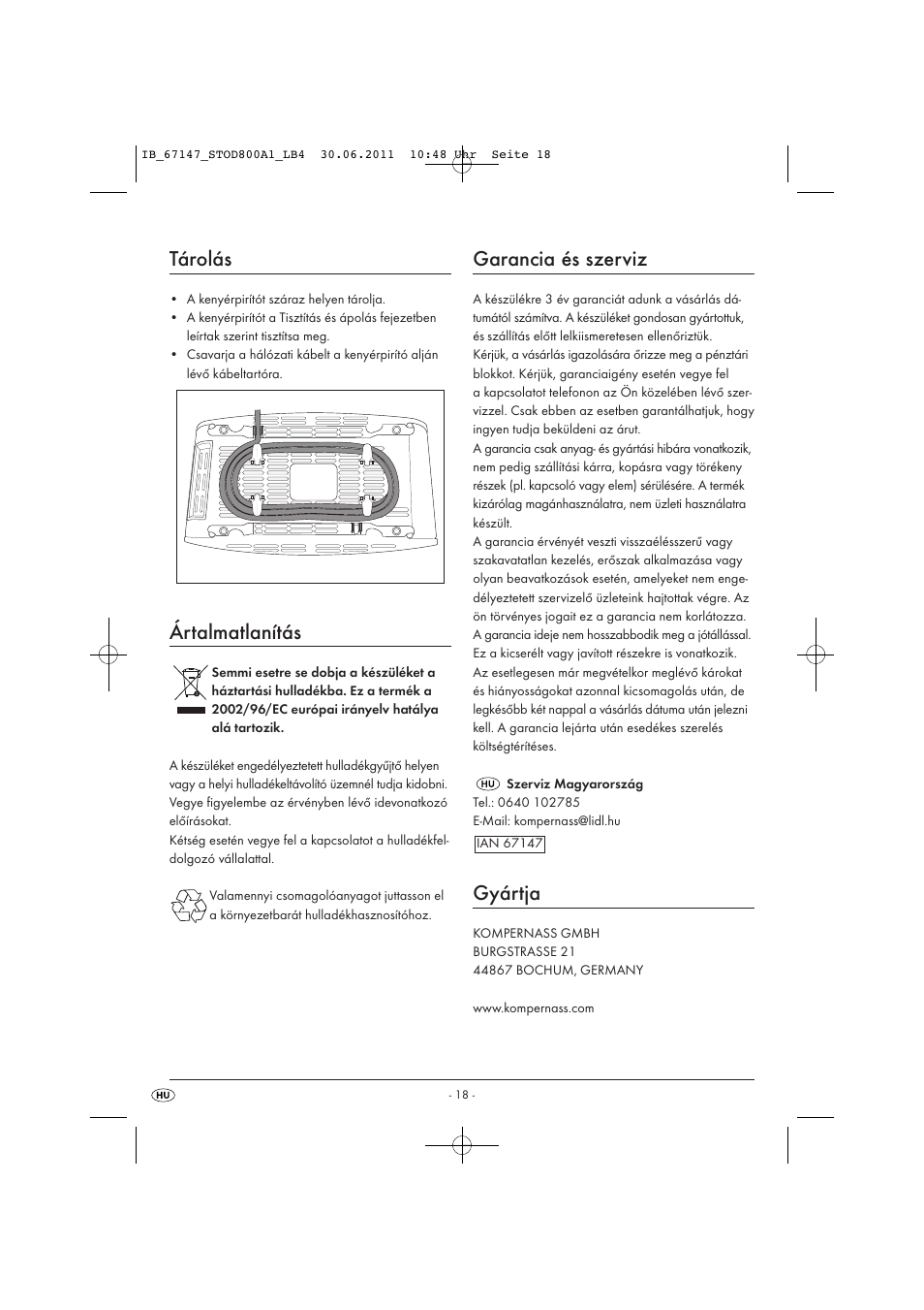 Tárolás, Ártalmatlanítás, Garancia és szerviz | Gyártja | Silvercrest STOD 800 A1 User Manual | Page 20 / 45